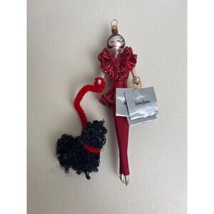 De Carlini Neiman Marcus Lady w/ Poodle Glass Ornament Red Outfit Italy Box Tags